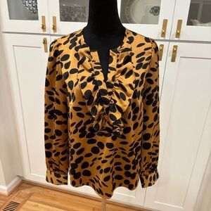 J Crew Leopard Ruffled Long Sleeve Blouse, Size M